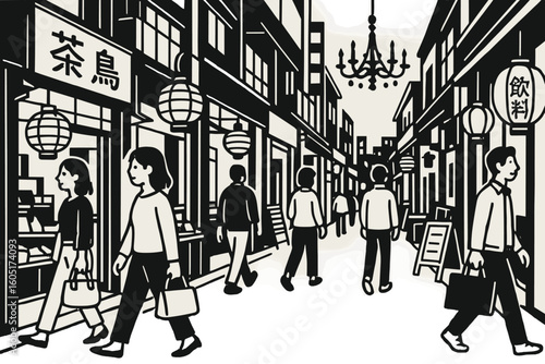 Individuals stroll through a classic Asian marketplace lined with lanterns