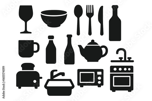 Minimal vector icons with black symbols on a white background, representing regional cuisine for cultural tourism purposes