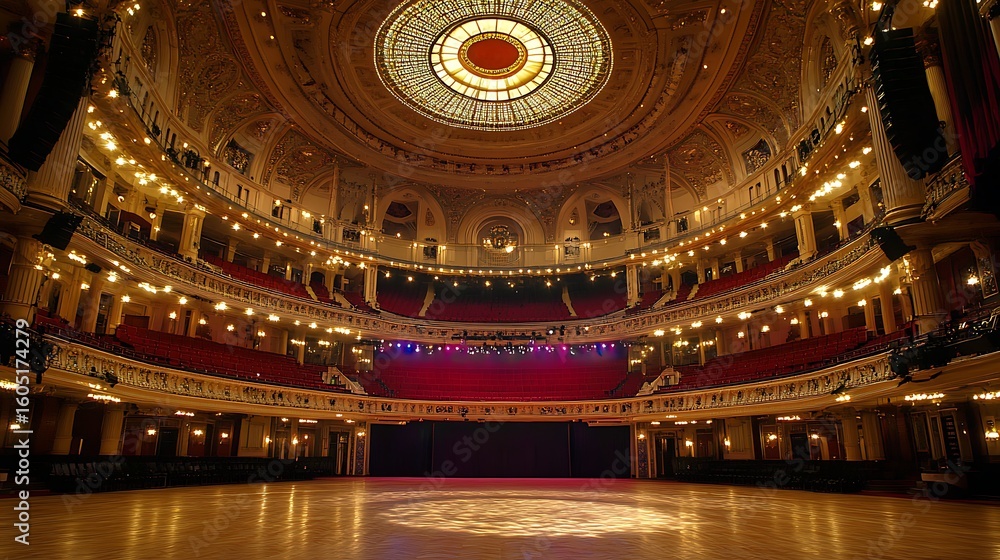 Obraz premium Grand hall with ornate architecture and red seating