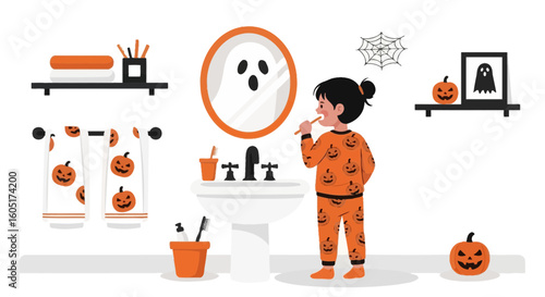 Spooky Morning Ritual A Little Girl Brushing Teeth On Halloween Season