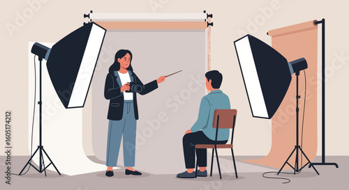 Professional Photography Studio Session With Photographer Guiding Model Posing