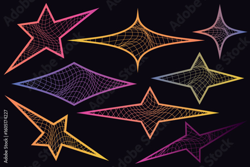 Gradient Wireframe Stars — Retro Y2K Style. Vibrant vector stars with wireframe grids in neon gradients. Inspired by early 2000s visuals and techy retrofuturism. 