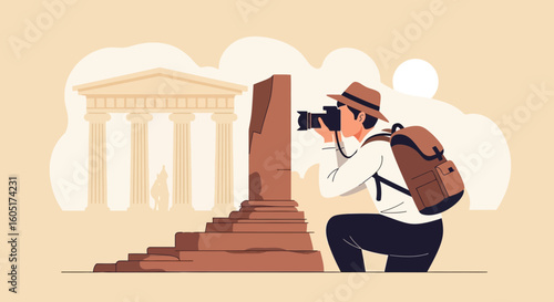 Photographer Capturing Ancient Ruins With His Digital Camera Tourist Attraction