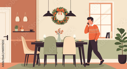 Modern Christmas Scene Man Answers Phone In Dining Room Illustration