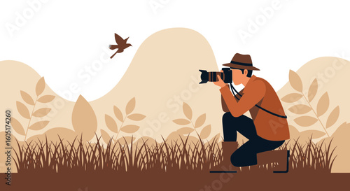 Photographer Capturing Bird Flight In Wilderness With Professional Camera