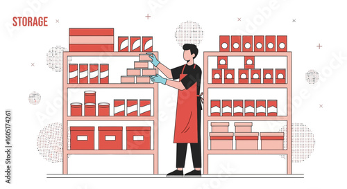 Warehouse Worker Organizing Shelves With Product Boxes And Canned Goods Illustration