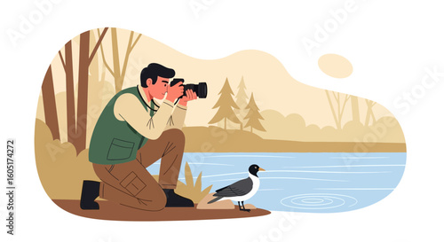 Photographer Capturing Bird Portrait During Outdoor Adventure In Serene Lakeside Setting