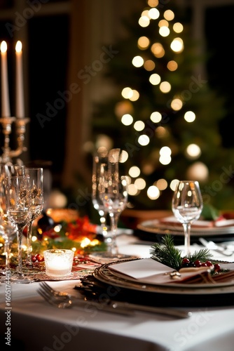 Elegant Christmas Dinner Setting With Decor and Festive Ambiance