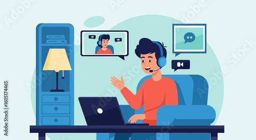 Professional Remote Collaboration Man Enjoying Virtual Meeting From Home Illustration