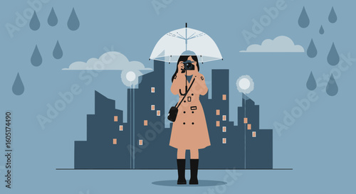 Photographer Capturing Cityscape Under Umbrella On Rainy Day Vector Illustration