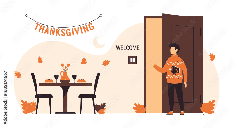 Fototapeta premium Warm Thanksgiving Gathering Awaits At Home With Festive Decorations And Family