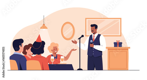 Professional Speaker Giving Toast at Celebration Gathering with Guests