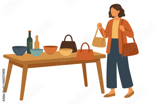 A modern, environmentally conscious woman shops for organic and natural products, including cosmetics, in a green store, embodying the zero-waste shopping concept, as depicted in a flat vector
