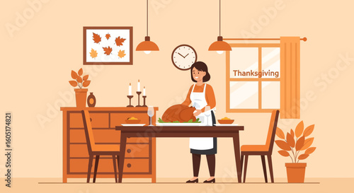 Warm Thanksgiving Preparation Scene In Autumn Tones In A Cozy Dining Room