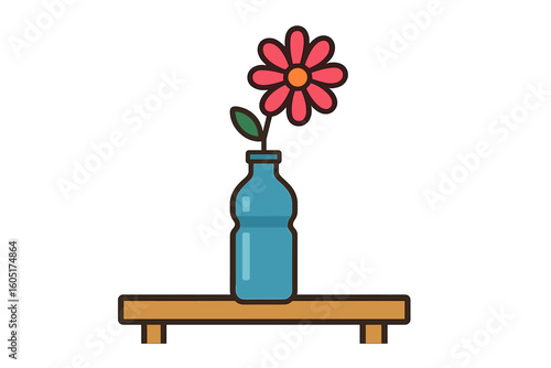 Vector flat illustration of upcycling concept, reusing glass bottles as a vase and pot for flowers and plant germination, representing reuse and upcycling