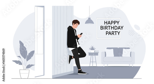 Modern Man Checks His Phone At A Relaxed Birthday Gathering Event