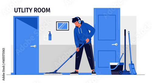 Modern Man Cleaning Floor With Mop In Utility Room With Headphones