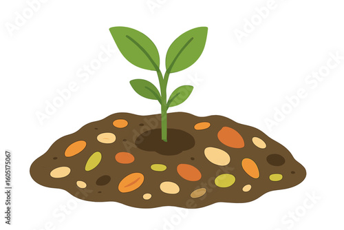 Young plant growth from soil with worms and compost, illustrating recycling, ecology, and agriculture