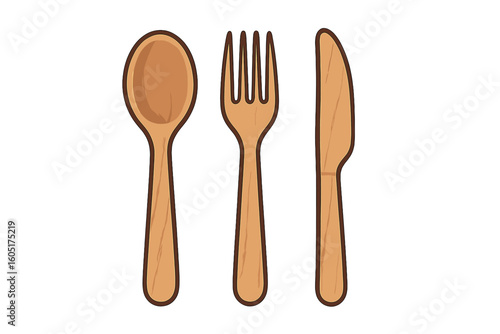 Flat vector cartoon illustration of a zero waste reusable wooden spoon, fork and knife made from sustainable materials, specifically durable bamboo cutlery, isolated on white background