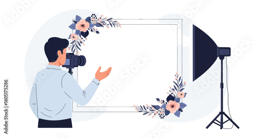 Photographer Capturing Floral Frame With Studio Lighting For Creative Content