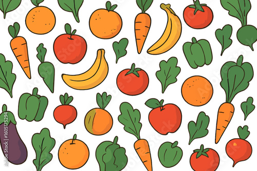 A humorous illustration featuring a seamless pattern of worms, flies, fruits, and berries set against a simple, hand-drawn cartoon background, highlighting natural and colorful composting of organic