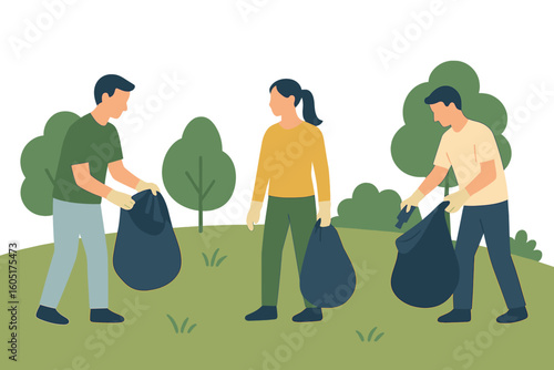 Together, volunteer communities participate in environment-friendly activities by cleaning up trash in the park