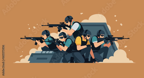 Squad Of Tactical Team Aiming Rifles Behind Cover In Hostile Situation
