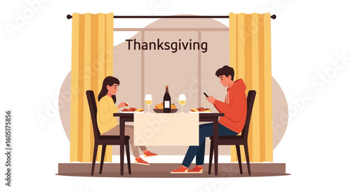 Modern Thanksgiving: Young Couple Enjoying Festive Meal with Digital Distractions
