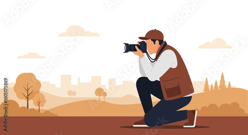Photographer Capturing Landscape Scenes With Professional Dslr Camera