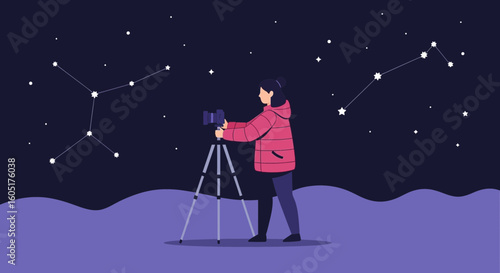 Starry Night Photography Girl Capturing Celestial Wonders on Camera Tripod