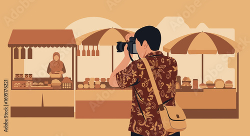 Photographer Capturing Local Culinary Scene At Traditional Asian Marketplace