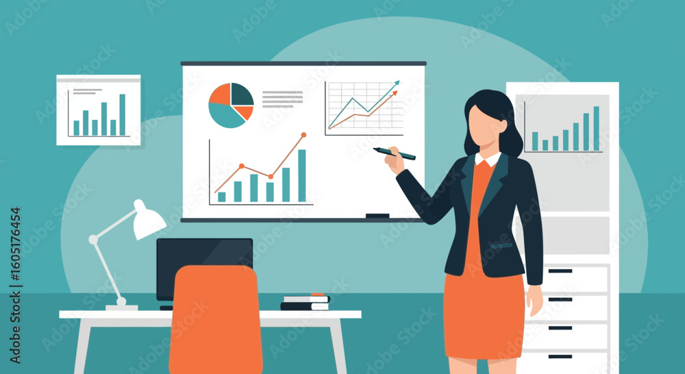 Professional Woman Presenting Business Statistics in a Meeting Environment Professional Woman Presenting Business Statistics in a Meeting Environment