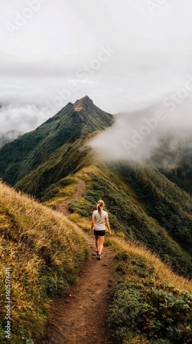 Hiker Explores Green Mountain Trail With Fog-Covered Peaks in the Background ...