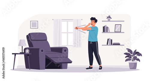 Stretching Exercise At Home Before Relaxing In An Adjustable Recliner Chair