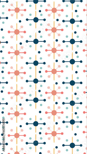 Mid century modern atomic starburst pattern with repeating geometric shapes and dots on a white background