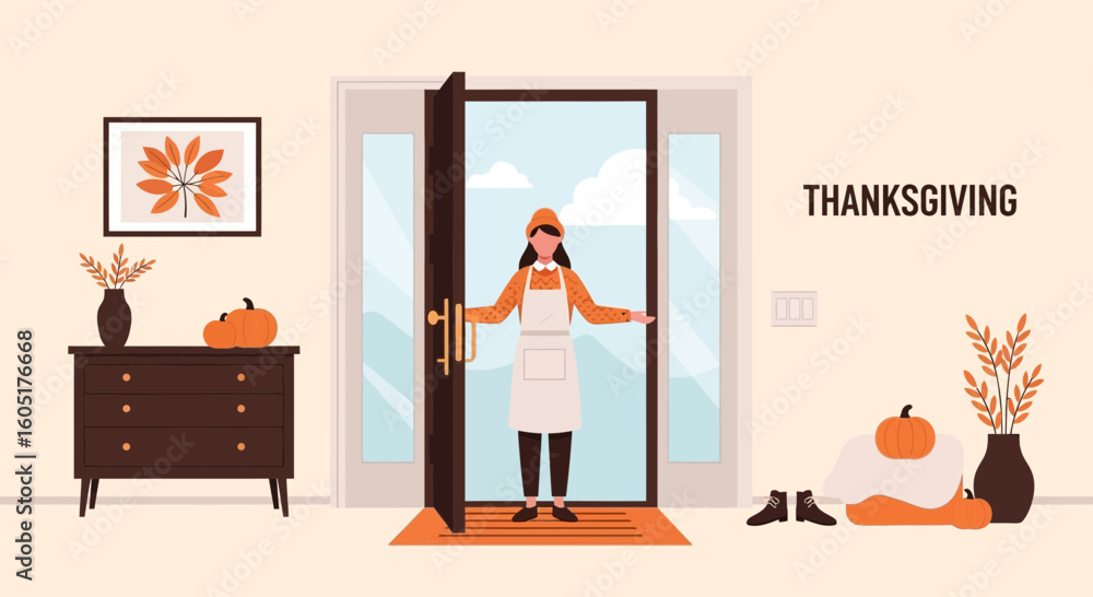 Fototapeta premium Welcoming Thanksgiving Hostess Opens Door For Holiday Celebration Guests
