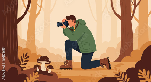 Photographer Capturing Mushrooms Scene In Autumn Forest With Camera