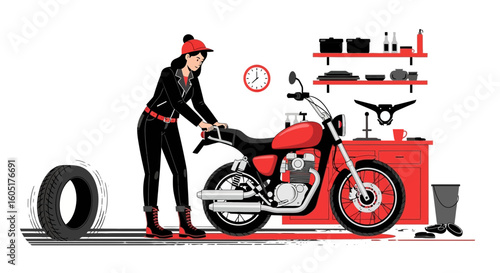 Professional Woman Repairing A Vintage Motorcycle In Her Workshop With Spare Tire