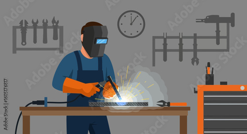 Welder Carries Out Metalwork With Protective Gear In The Workshop