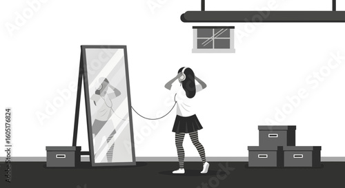 Monochrome Moment Young Woman Listening To Music With Mirror In Basement