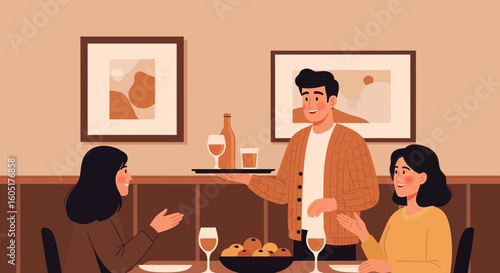Welcoming Waiter Serving Customers at a Cozy Restaurant Environment