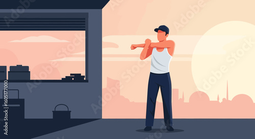 Morning Routine: Man Stretching Arms Before Workout at Sunrise View