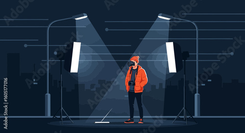 Photographer Capturing Night Cityscape With Professional Lighting Equipment