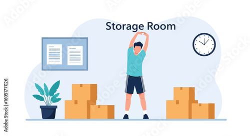 Morning Stretch In The Light Storage Room With Boxed And A Healthy Lifestyle