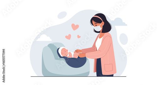 Protective Mother Cares For Her Newborn, Demonstrating Love And Responsibility During Virus Season