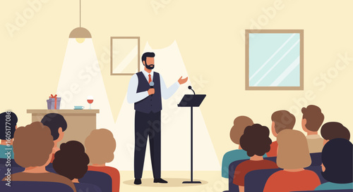 Public Speaker Addressing Audience In Elegant Venue Under Spotlight Beaming