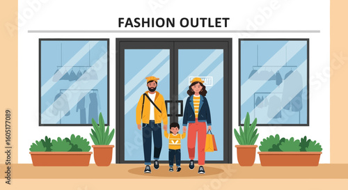 Stylish Family Shopping at Fashion Outlet Store Enjoying Retail Therapy Together