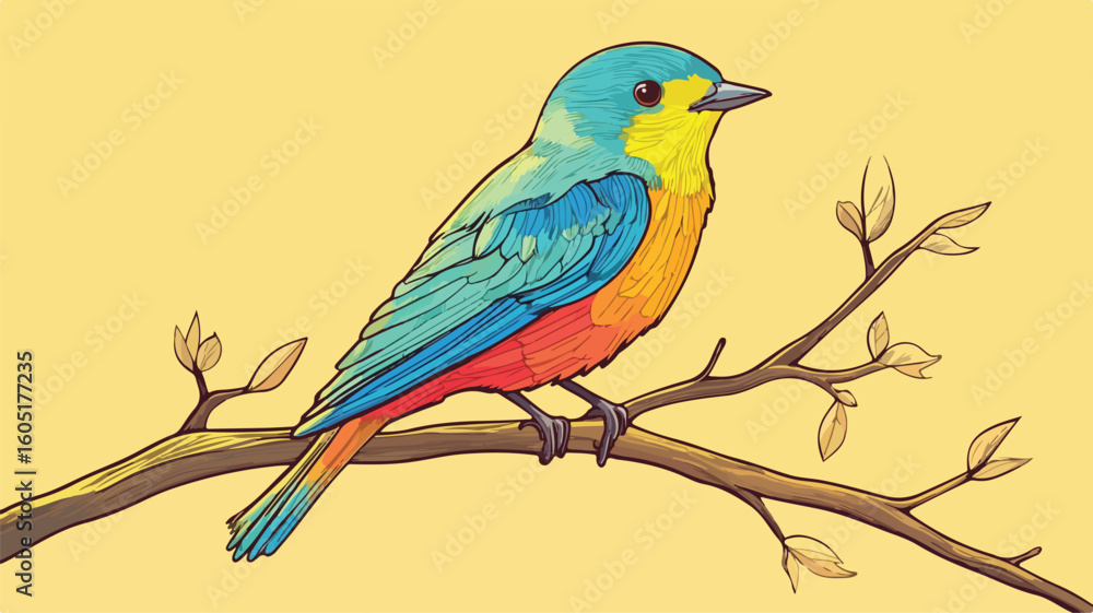 Fototapeta premium Vibrant Bird Perched on Branch Minimalist Vector Illustration