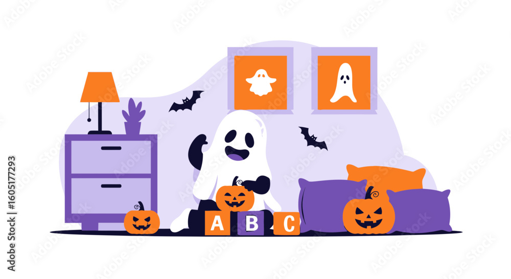 Fototapeta premium Whimsical Halloween Scene Ghost With Pumpkins And Alphabet Blocks Holiday Fun