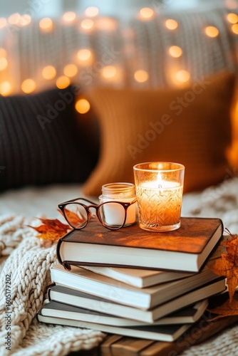 Cozy Autumn Scene With Books, Glasses, and Candle Near Window With Soft Knitt...
